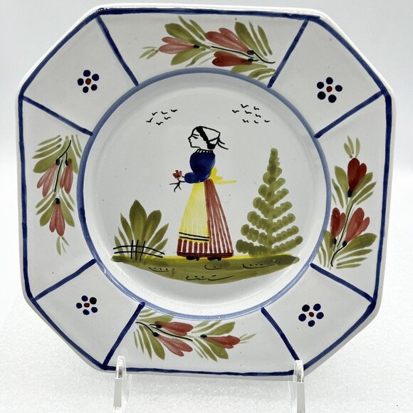 Quimper France Plate Lady Mistral Blue HB Henriot RD 7.5”